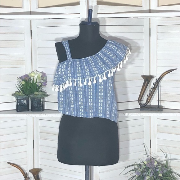 Vintage Y2K Cropped Top Boho Blue White Embroidered Size S - Picture 1 of 8